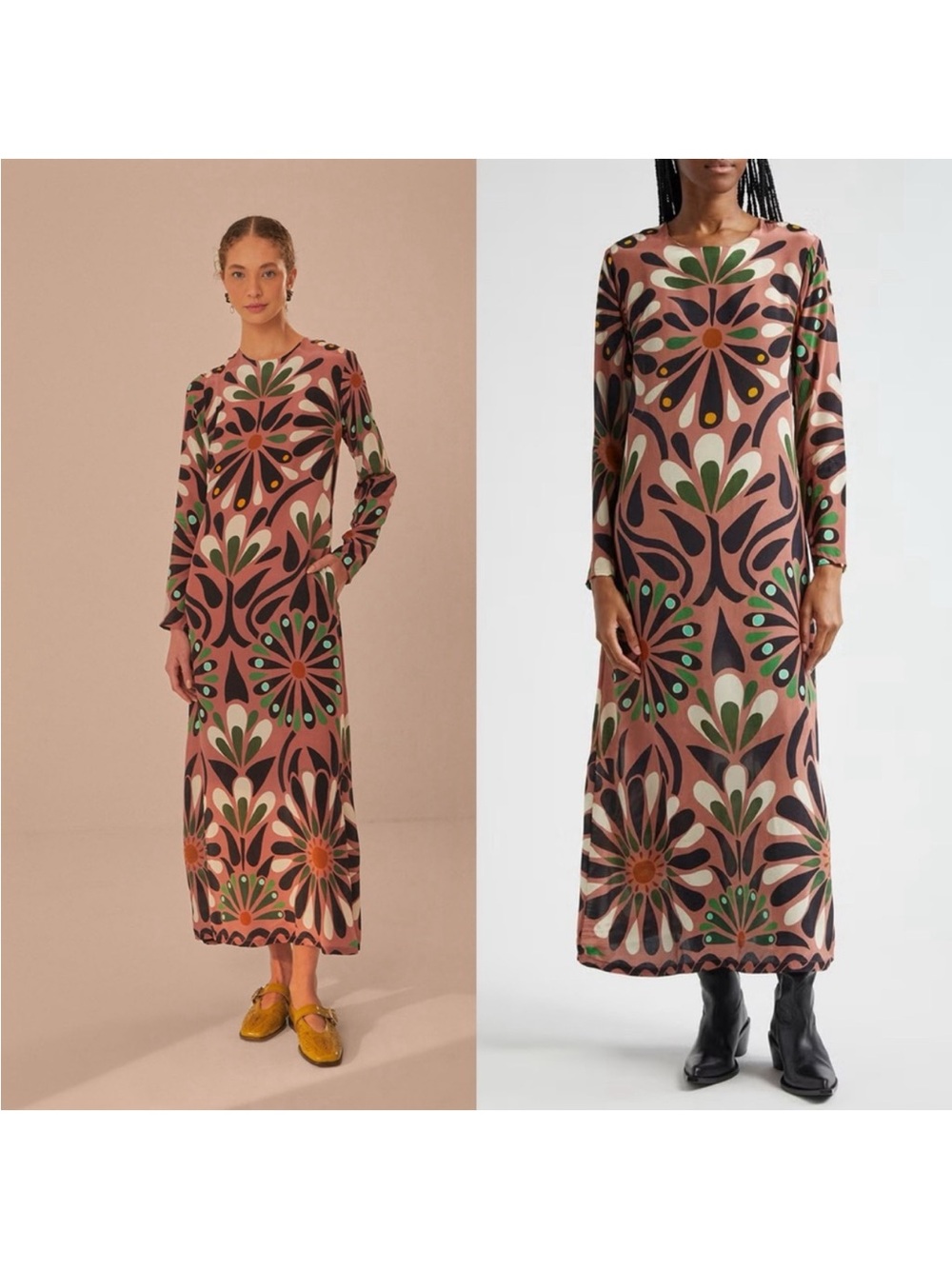FARM Rio Ainika Long Sleeve Floral Print Maxi Dress in Dusty Rose